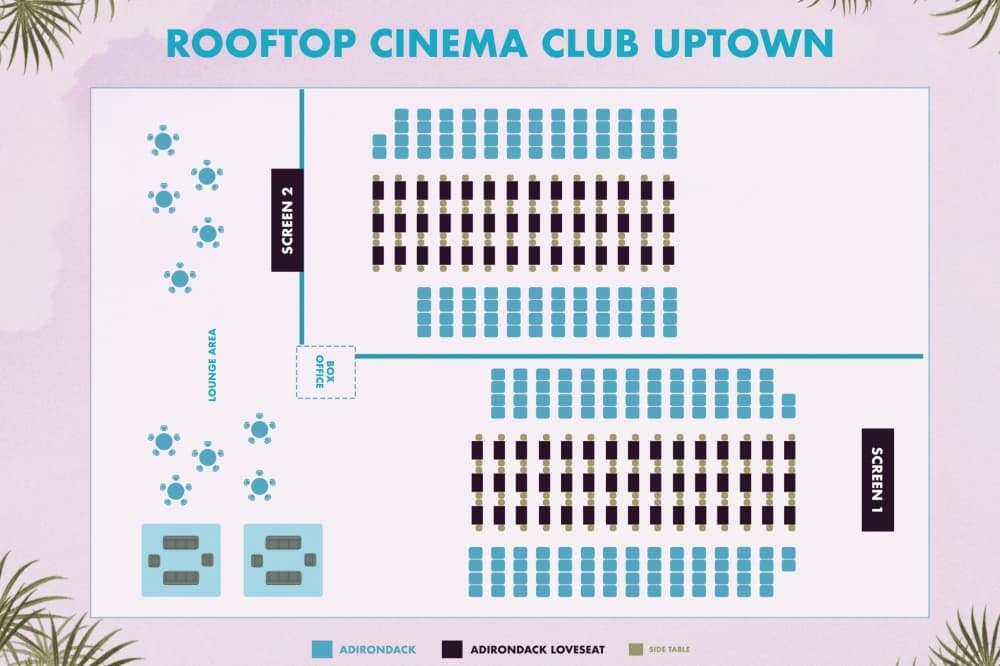 A mockup of the new layout for Rooftop Cinema Club Uptown, which adds a second screen to its rooftop theater on March 2. (Courtesy Rooftop Cinema Club Uptown)