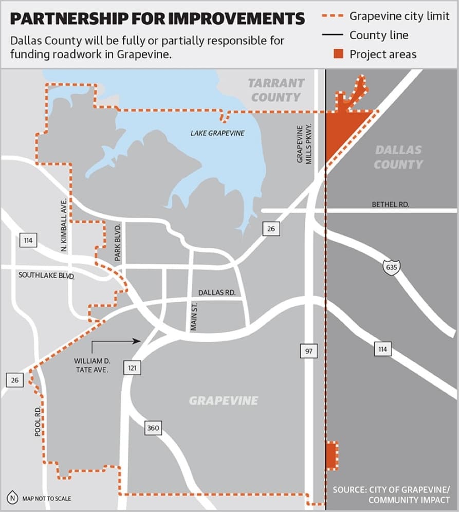A map showing road projects in Grapevine.