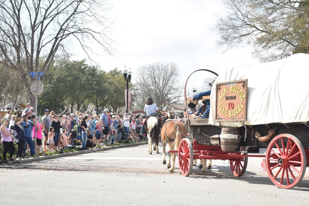 The Sam Houston Trail Riders galloped into Tomball on Feb. 20 as they made their way to the Houston Livestock Show and Rodeo. (Lizzy Spangler/Community Impact)