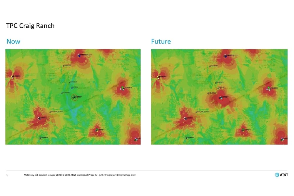 Map of cellular coverage in southern McKinney before and after the installation of the new tower