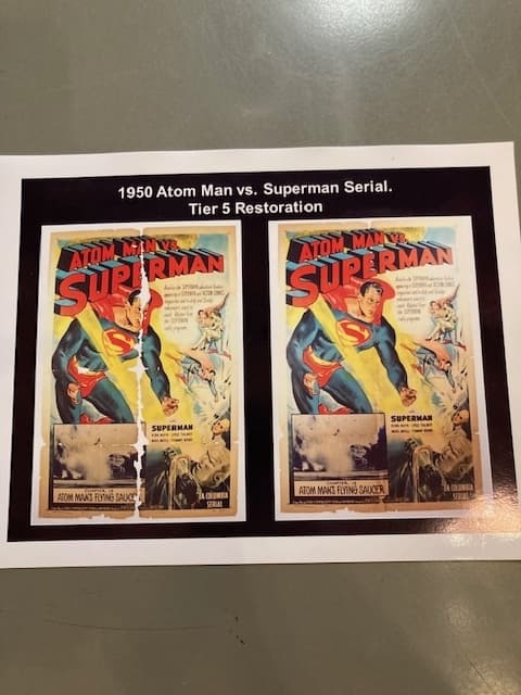 A before-and-after restoration of a vintage Atom Man vs. Superman poster. Elizabeth and Harry get poster restoration requests from customers all over the world. 