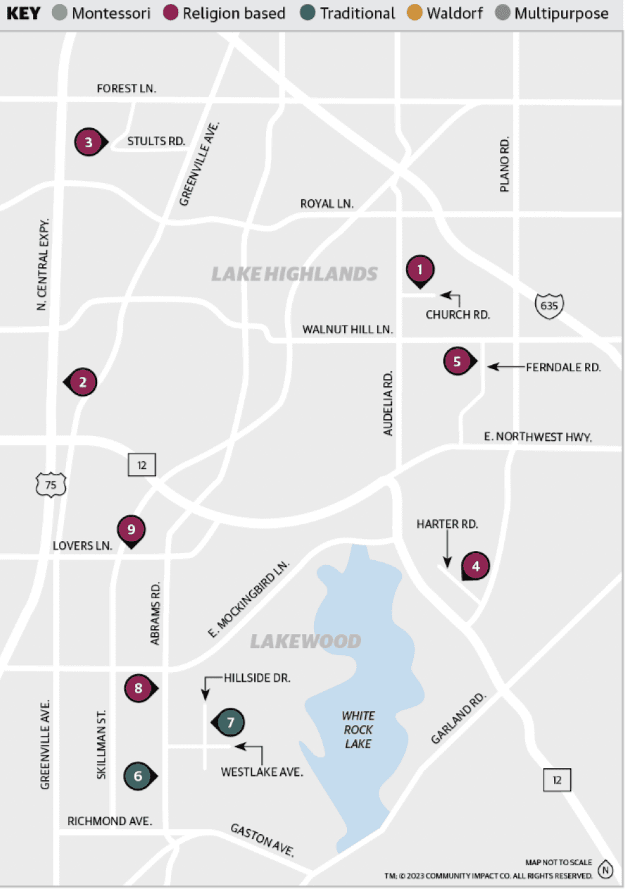 This map shows the 9 private schools offering a variety of specialized instruction around Lake Highlands and Lakewood.