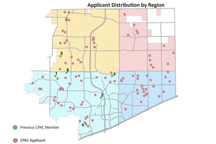 City staff published a geographic breakdown of the CPAC applicants online. The final group of residents and business owners represents all four sections of the city. (Courtesy city of Frisco)