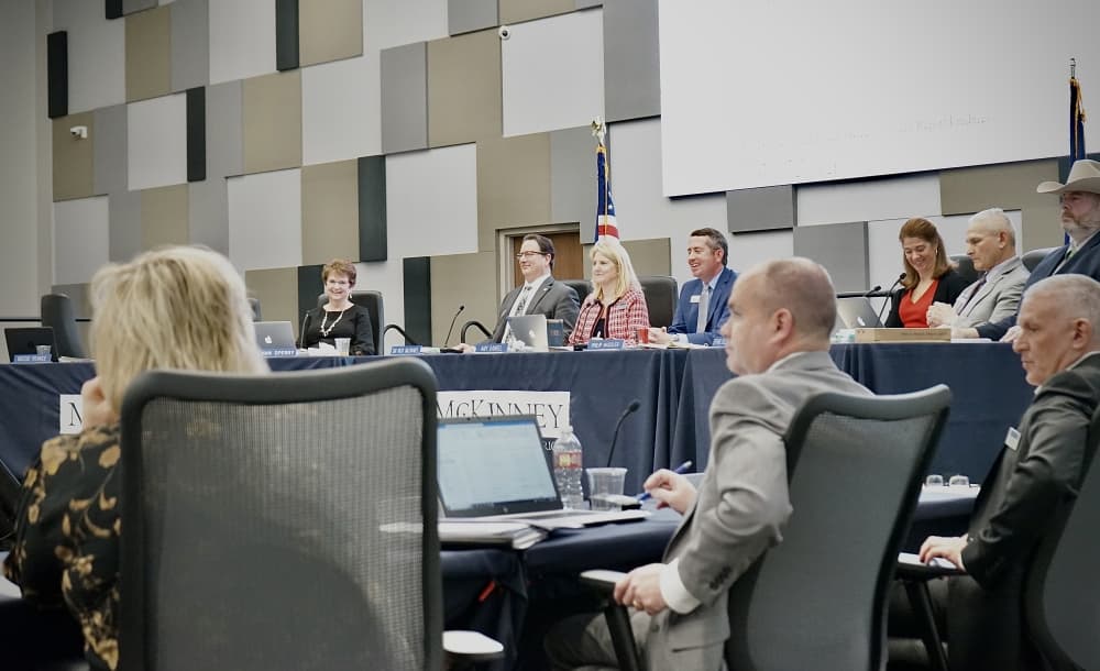 Board trustees at a regular meeting Feb. 28 discuss that there were 26 applicants for this superintendent position. (Riley Farrell/Community Impact)