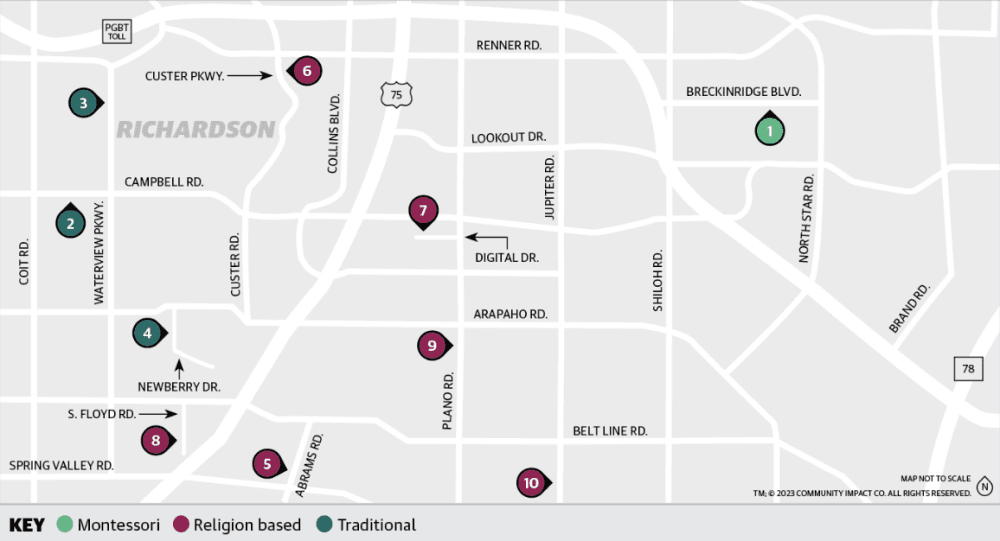 This map shows 10 private schools in Richardson ranging from primary, middle and high school.
