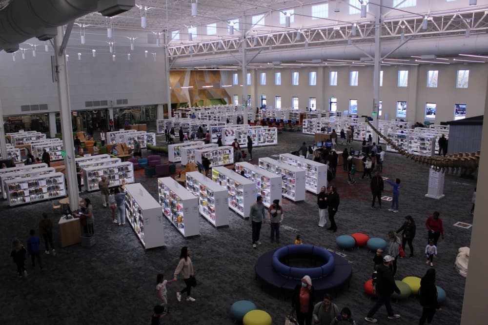 Filled with children's spaces, such as Tiny Town, the library was packed with residents exploring the new features. (Alex Reece/Community Impact)