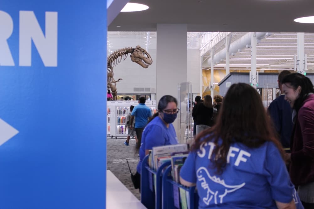 Rexy serves as the library's centerpiece and mascot, standing at more than 20-feet tall. (Alex Reece/Community Impact)
