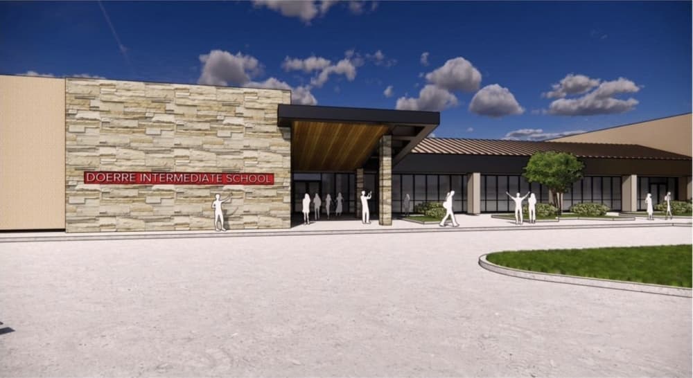 Renovations at Doerre Intermediate School include the addition of a secure vestibule and single canopy entrance, as well as renovations of the front office, the clinic, the PTO room and the PLC room. (Rendering courtesy Klein ISD)