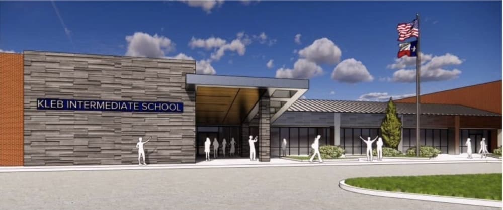 Renovations at Kleb Intermediate School include the addition of a secure vestibule and single canopy entrance, as well as renovations of the front office, the clinic, the PTO room and the PLC room. (Rendering courtesy Klein ISD)