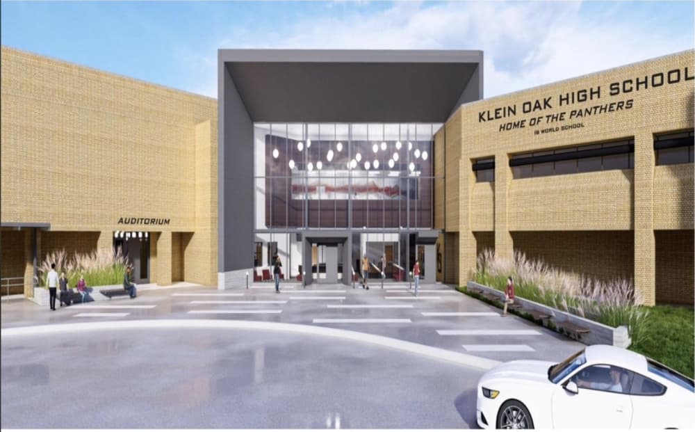 Renovations at Klein Oak High School will include the closure of the current breezeway between the theatre and front entrance, as well as the addition of an enclosed, secure vestibule with a designated entrance for visitors and students. (Rendering courtesy Klein ISD)