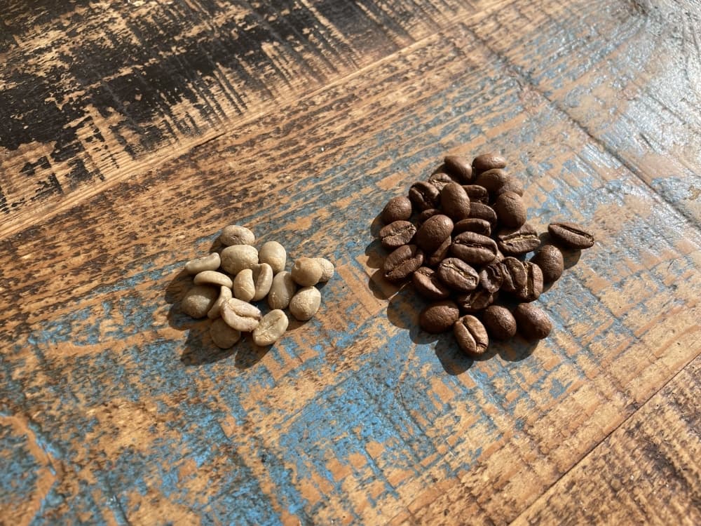 
Unroasted beans (left) are roasted (right) before becoming coffee.