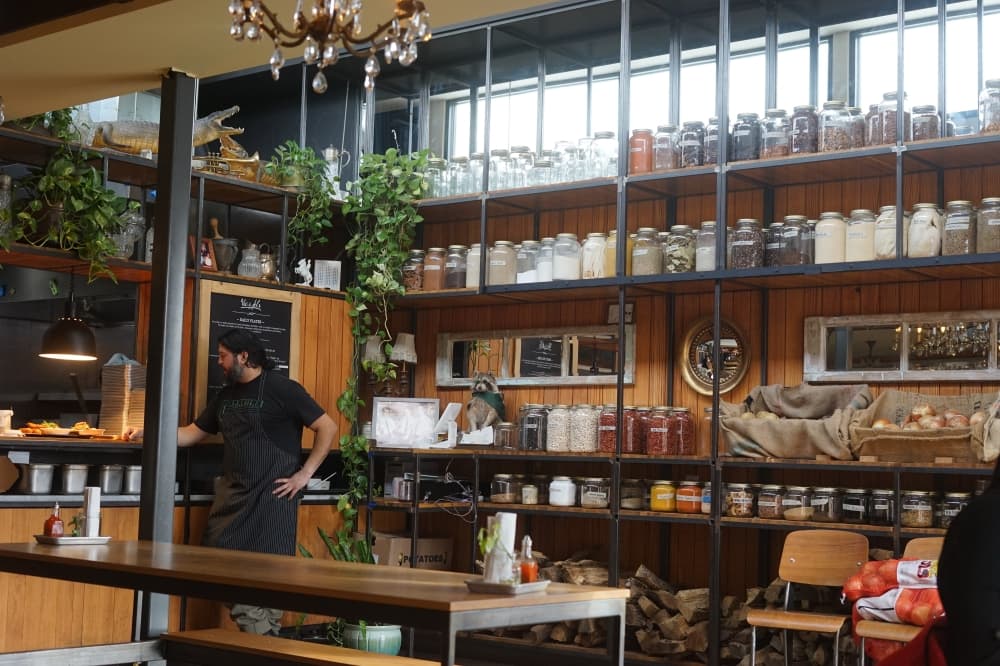 open kitchen is stocked with jars of food and plants 