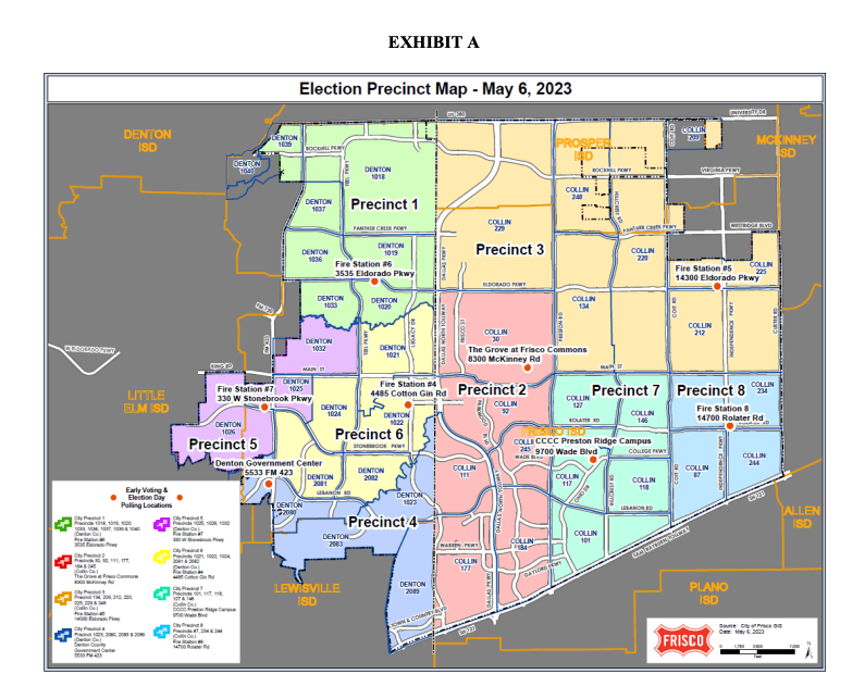 A color-coded map of all Frisco voter precincts for the May 6 2023 election day