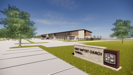 First Baptist Church Tomball purchased land in 2003 off Hwy. 249 to prepare for a larger campus in the future. With the pending sale of the campus in Old Town, the church is planning to begin the first phase of building a new campus. (Rendering courtesy Merriman Holt Powell Architects)