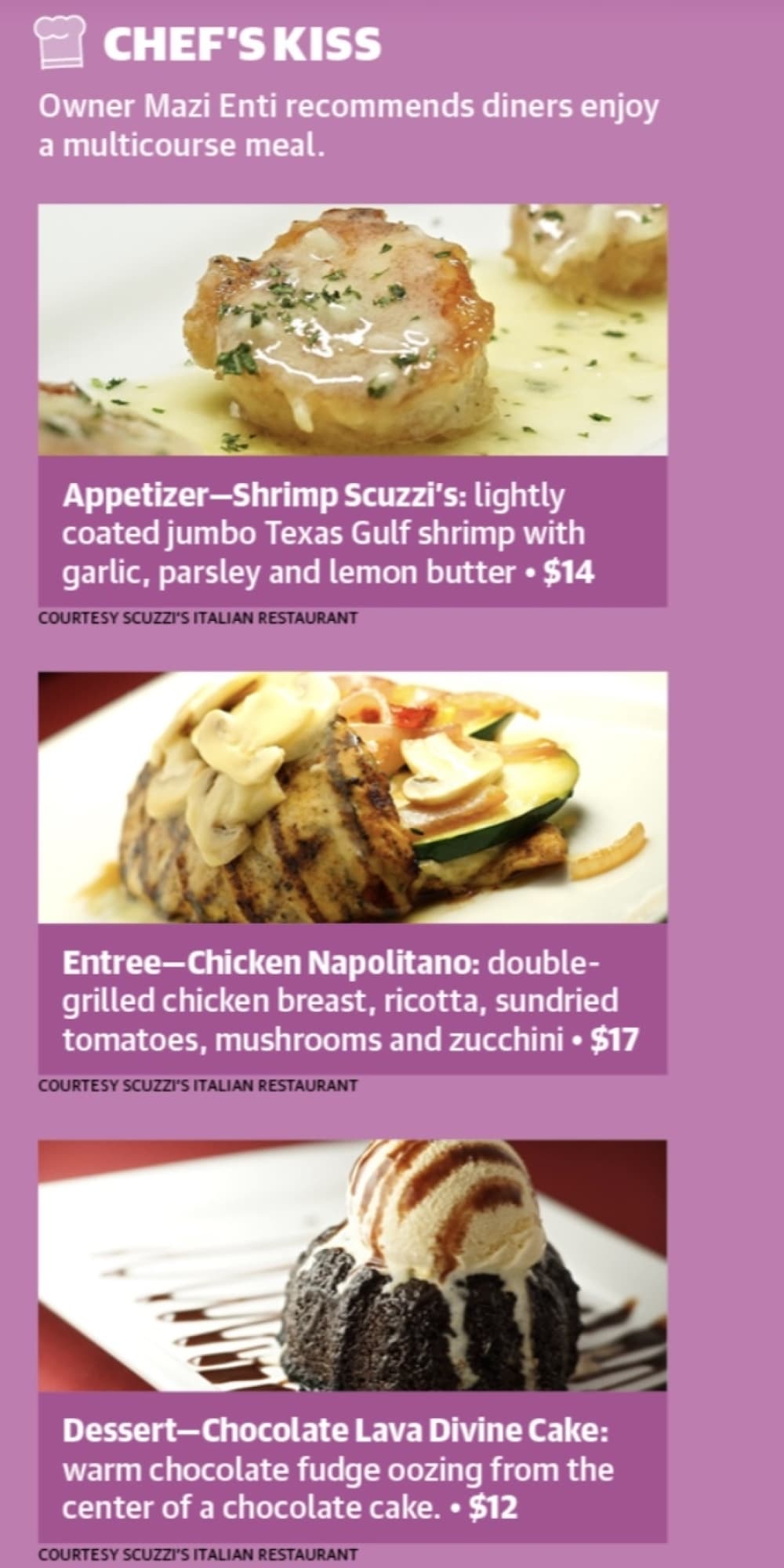 Shrimp Scuzzi’s, chicken Napolitano and chocolate lava divine cake are among the most popular dishes at Scuzzi’s Italian Restaurant near Shavano Park. (Courtesy Scuzzi’s/Community Impact)