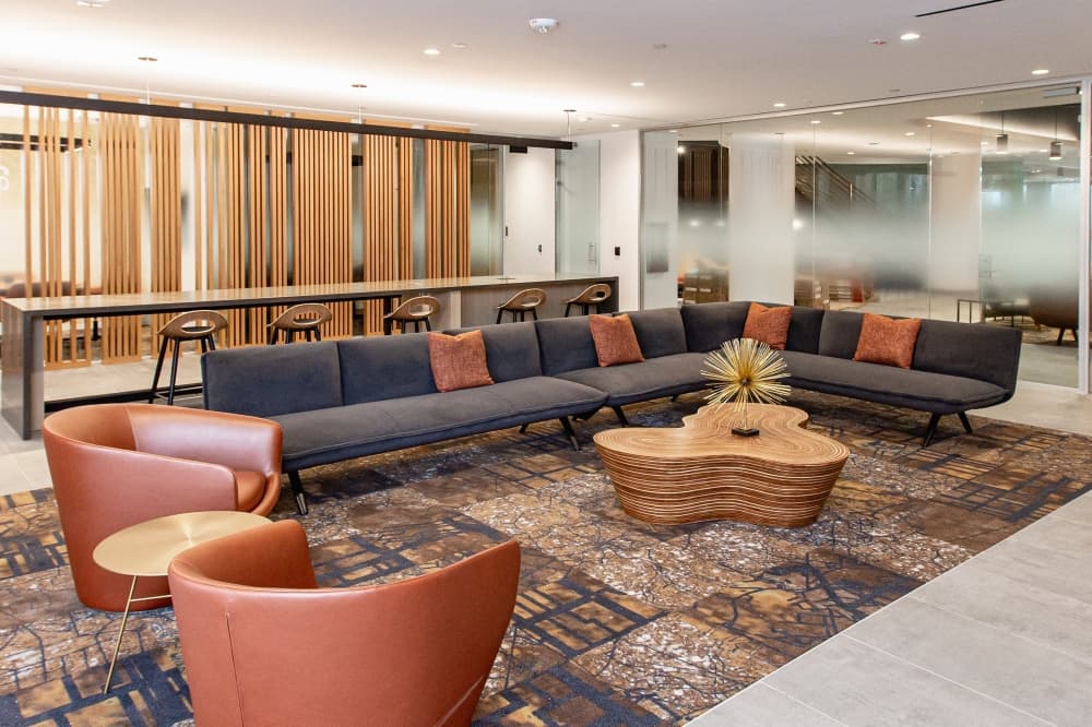 A seating area inside a bank building