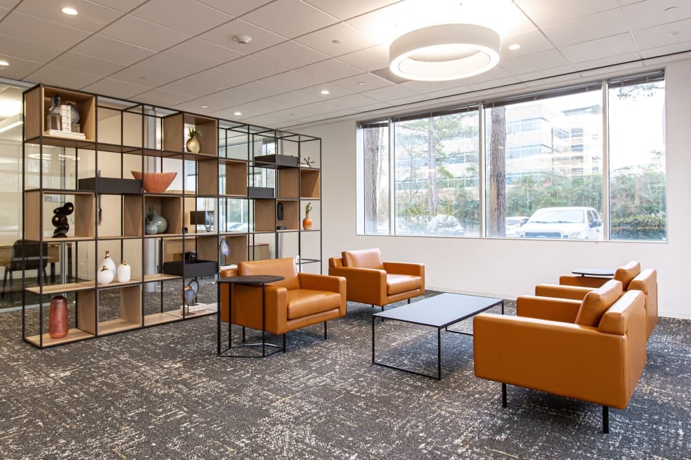 A seating area inside a bank building