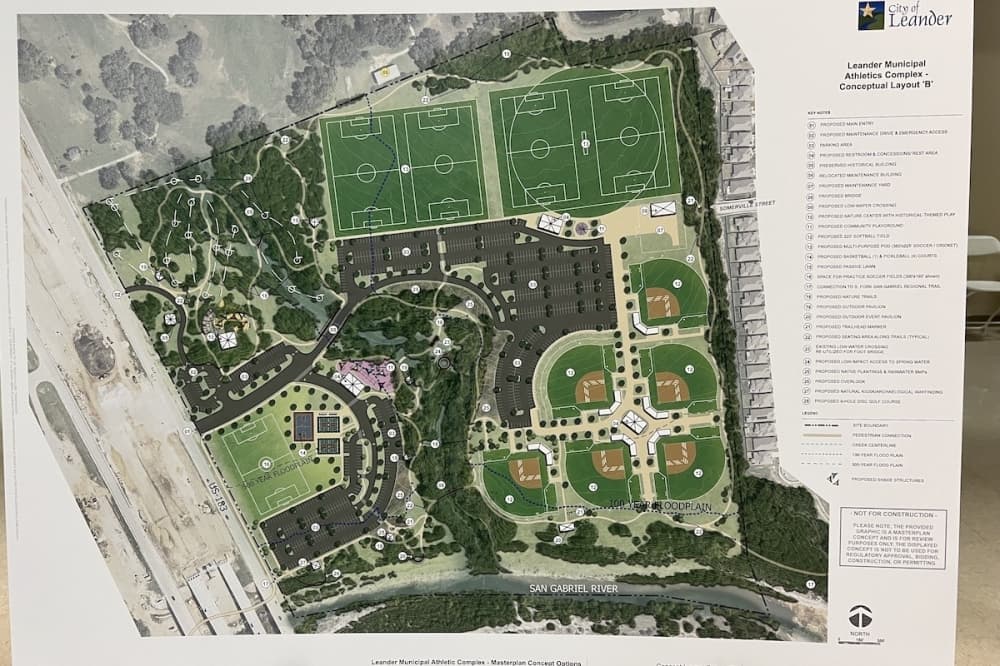 Out of the two layouts presented at the community workshop, here is layout "B," which has larger and more multipurpose fields as well as a community playground. (Zacharia Washington/Community Impact)