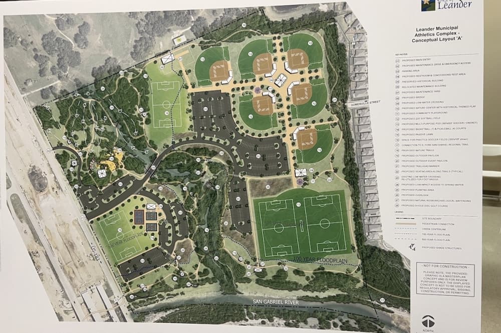 Out of the two layouts presented at the community workshop, here is layout "A," which modifies the parking lot and switches the location of the multipurpose fields and softball fields. (Zacharia Washington/Community Impact)