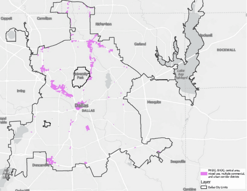Map of Dallas showing where short-term rentals would be allowed under the city's proposed plan.