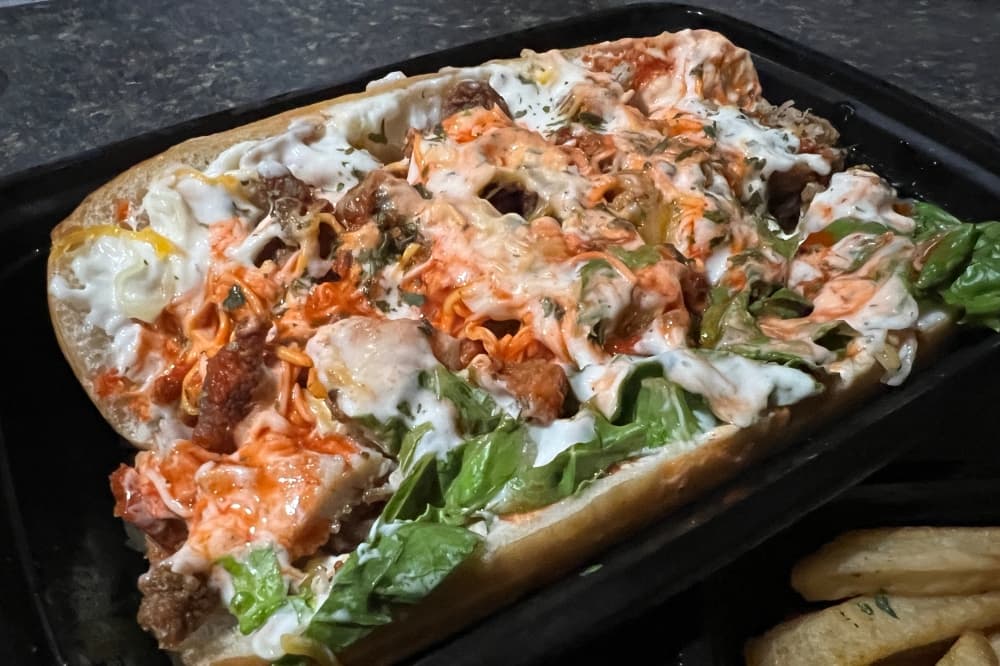 Open faced buffalo chicken sandwich