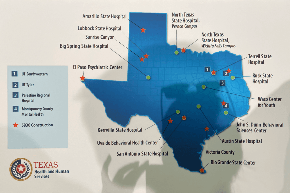A map from the Texas Health and Human Services Commission depicts the plan to expand access to mental health care in Texas.