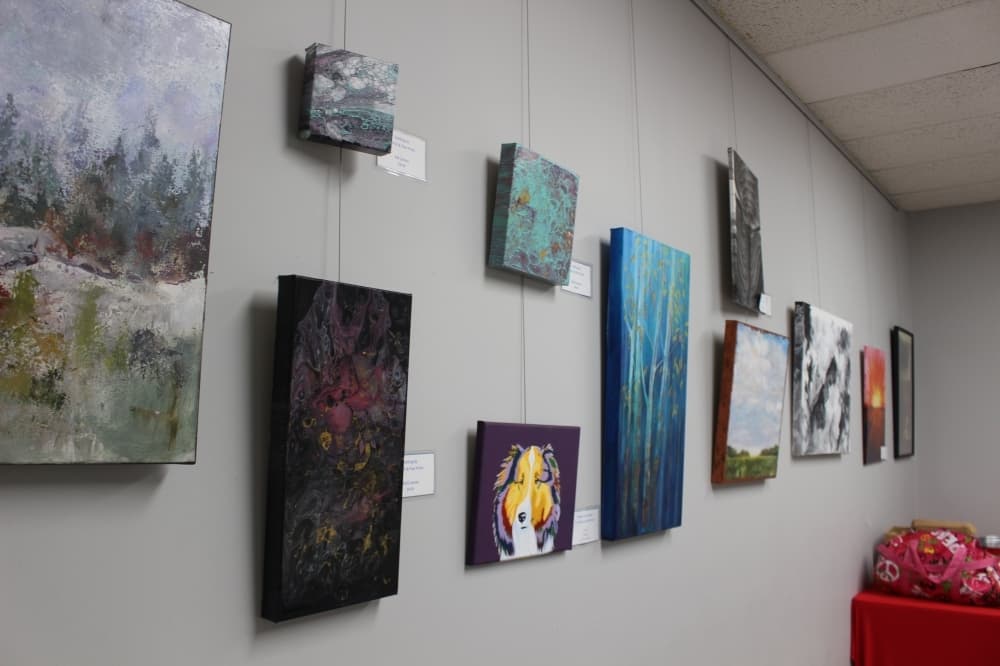 Art produced by local artists is displayed and available for purchase at Buy the Book. (Jessica Shorten/Community Impact)