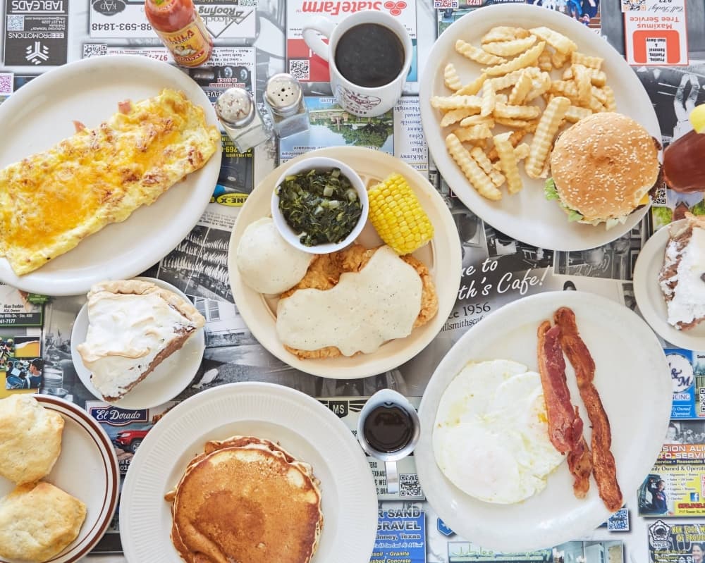 Bird eye view of various plates of food