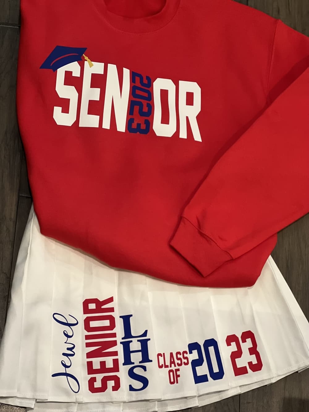 Custom senior sweatshirt and skirt