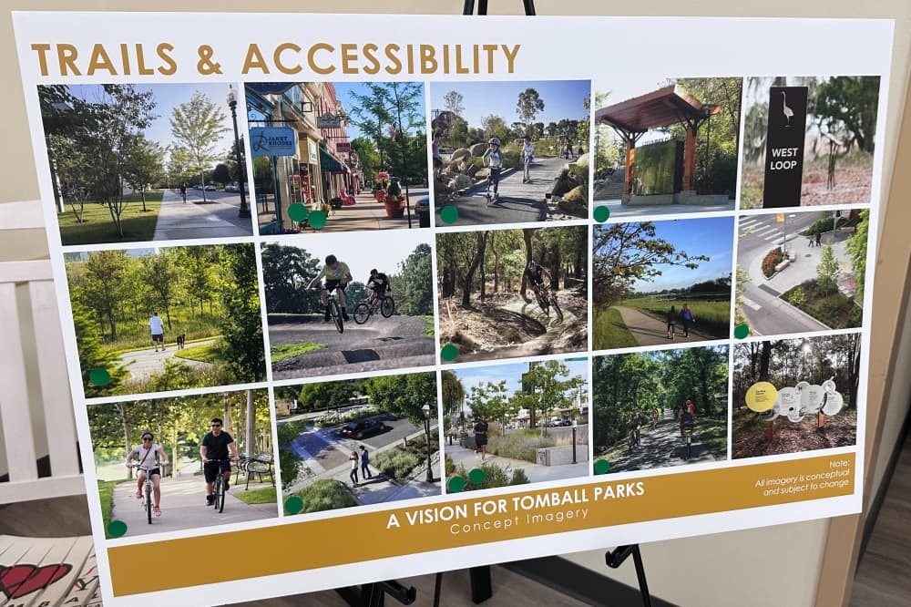 A poster titled Trails and Accessibility is filled with concept imagery, with open house attendees' stickers on the images they liked.