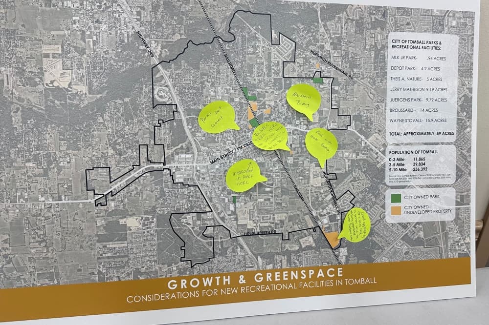 A poster showing a map of the Tomball's parks and undeveloped land has six Post-It notes with comments on it. 