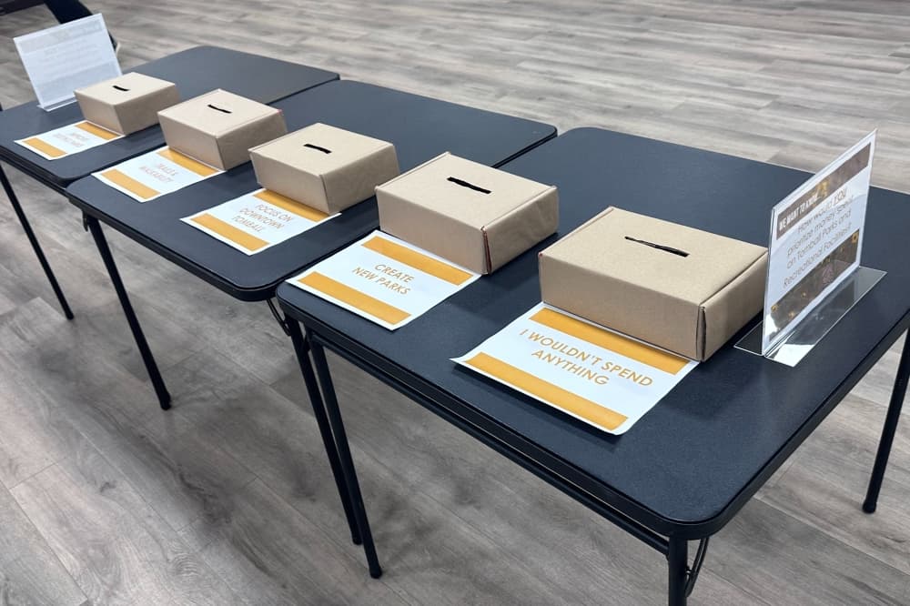 Three card tables next to each other have five boxes on them for attendees to use to indicate where they think the city should spend its money. 