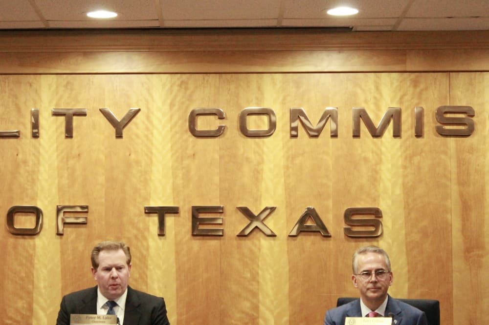 Peter Lake, chair of the Public Utility Commission of Texas, and Pablo Vegas, CEO of the Electric Reliability Council of Texas, discuss the power grid on May 3.