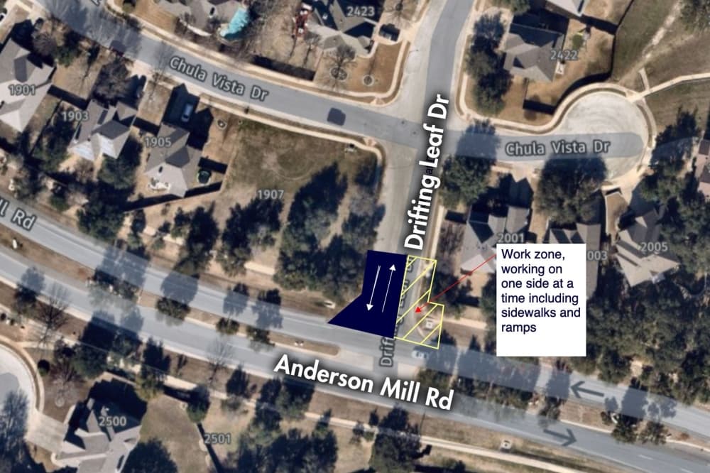 A birds-eye view of the Anderson Mill Road and Drifting Leaf Drive intersection on a map.