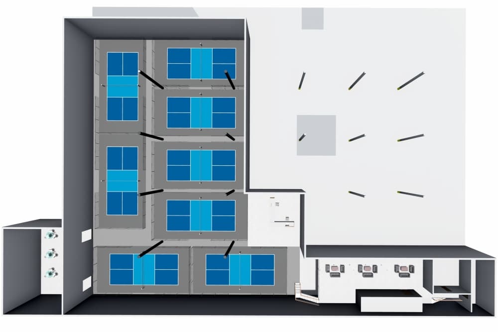 A schematic shows a floor plan for pickleball courts.