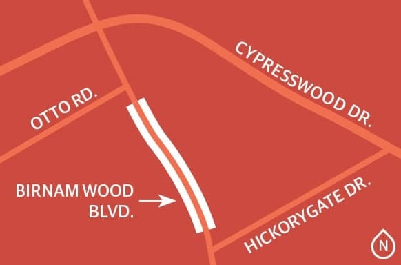 Harris County Precinct 3 officials are studying a project to expand Birnam Wood Boulevard to a four-lane concrete paved section between north of Hickorygate Drive and south of Otto Road. (Ronald Winters/Community Impact) 