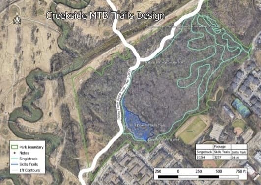 A map of creekside park and the Trinity Forest Spine Trail