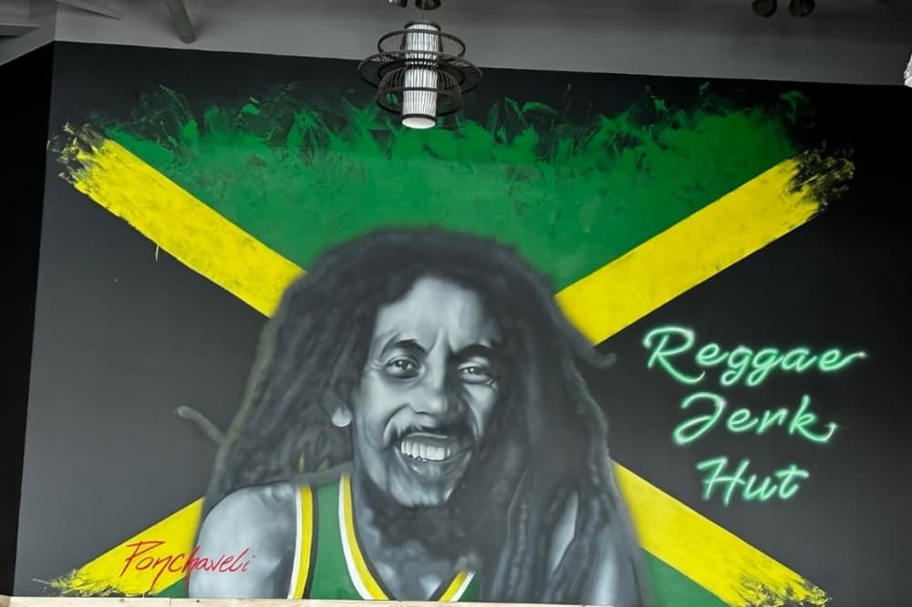 Mural of Bob Marley at Reggae Jerk Hut