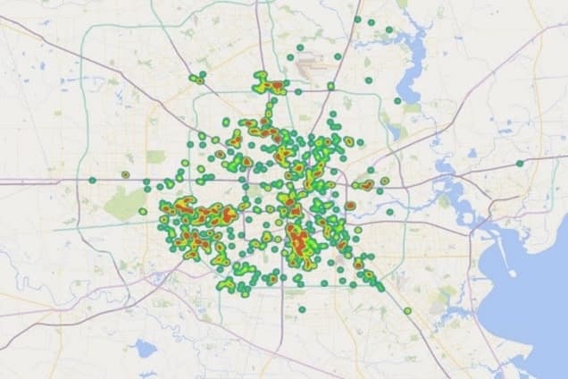A heat map of gun-related crimes in the city of Houston from 2020 to 2021.