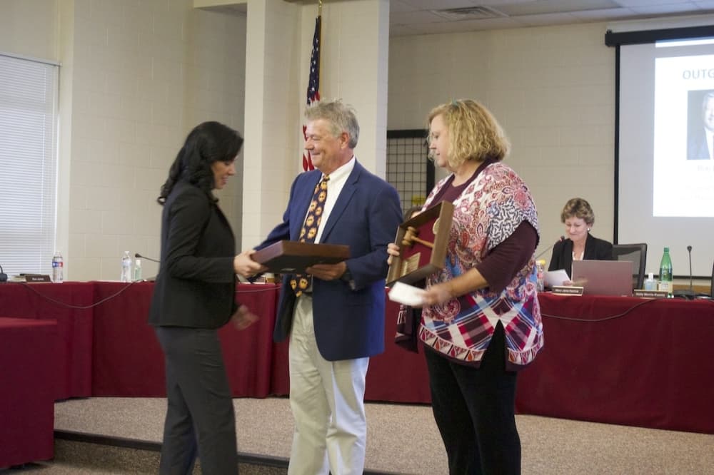Superintendent Holly Morris-Kuentz honors outgoing trustees Barbara Stroud and Ron Jones
