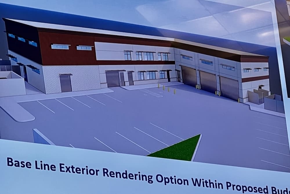 A photo of the rendering of one of the two preliminary construction designs of West U's new Public Works building.