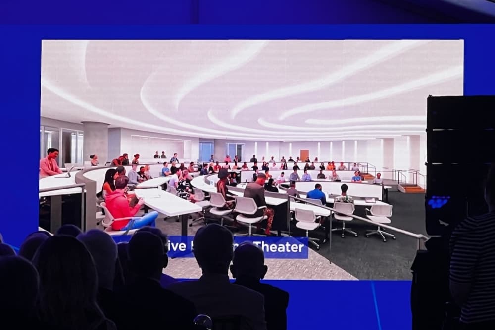 This a a photo of renderings of large-capacity , high-tech theatre-style event space that will be part of Baylor's new Cullen Tower. 