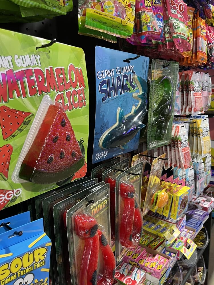 A giant gummy ($19.95) comes in the shape of a shark, an alligator, a worm or a strawberry. (Peyton MacKenzie/Community Impact)