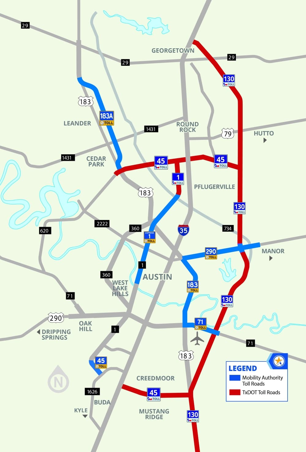 map of roads with red and blue, including highlights for 183A Toll, 290 Toll, 183 South, SH 71 Toll, SH 45 SW Toll and the MoPac Express Lanes for the Mobility Authority, and US 130 for TxDOT 