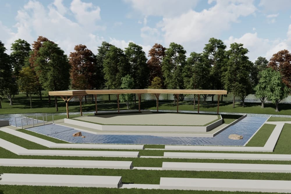 A rendering shows an outdoor performance space.