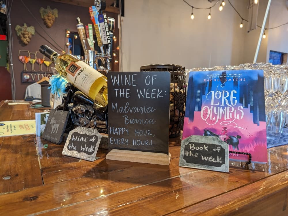 
The Book Burrow and Three Legged Goat, 
a wine bar, feature wine and book pairings.