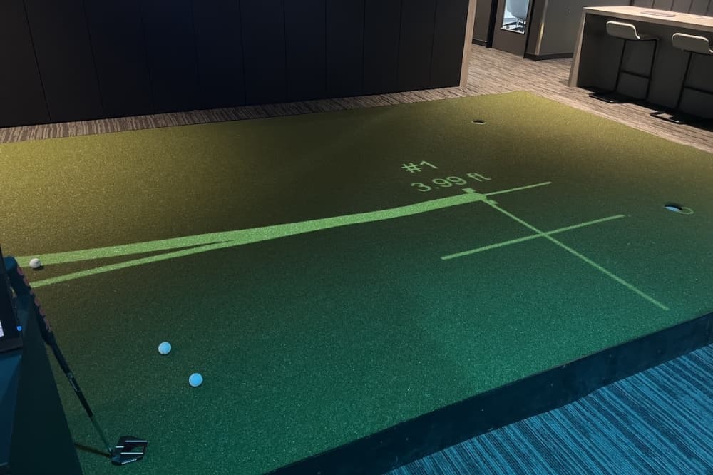 Golfinity features an indoor putting green in addition to a restaurant, a bar and simulated bays. (Zacharia Washington/Community Impact)