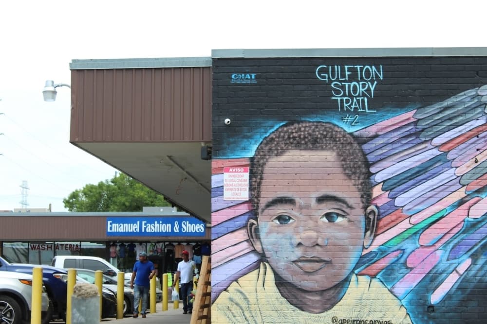 This is a photo of a colorful mural in Gulfton.