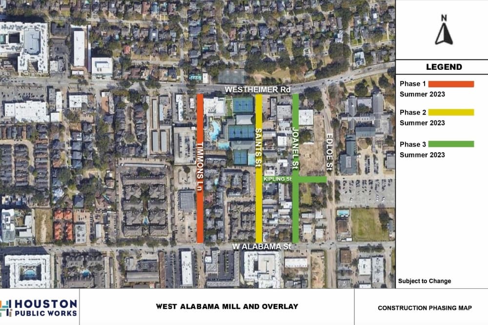 Map of improvement projects along West Alabama Road in River Oaks, Timmons Lane and Joanel, Kipling and Saints streets.