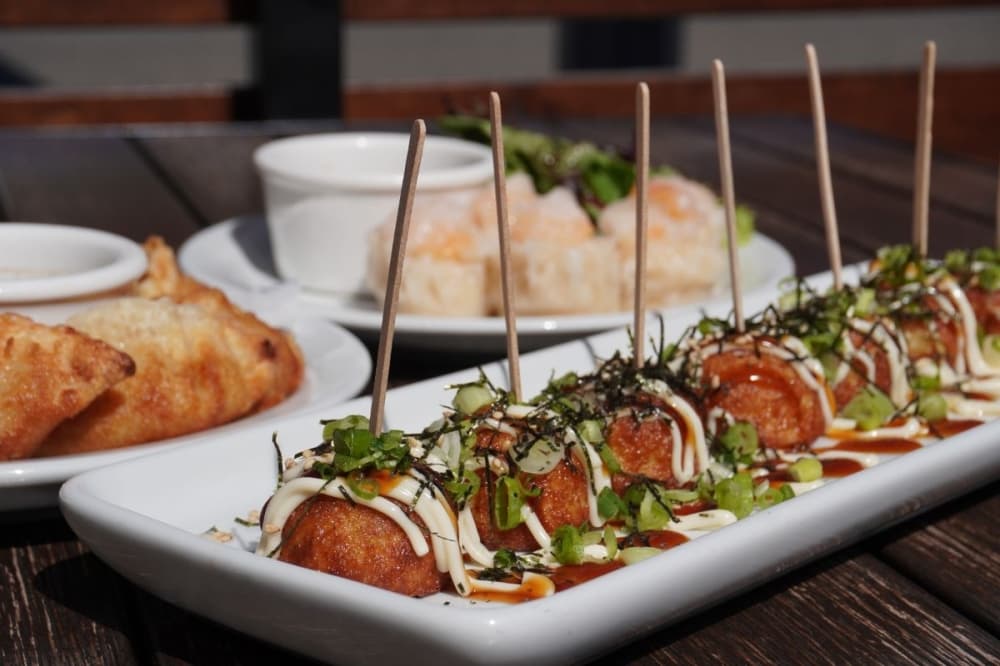 Sushi and gyoza from Rakkan Ramen. 